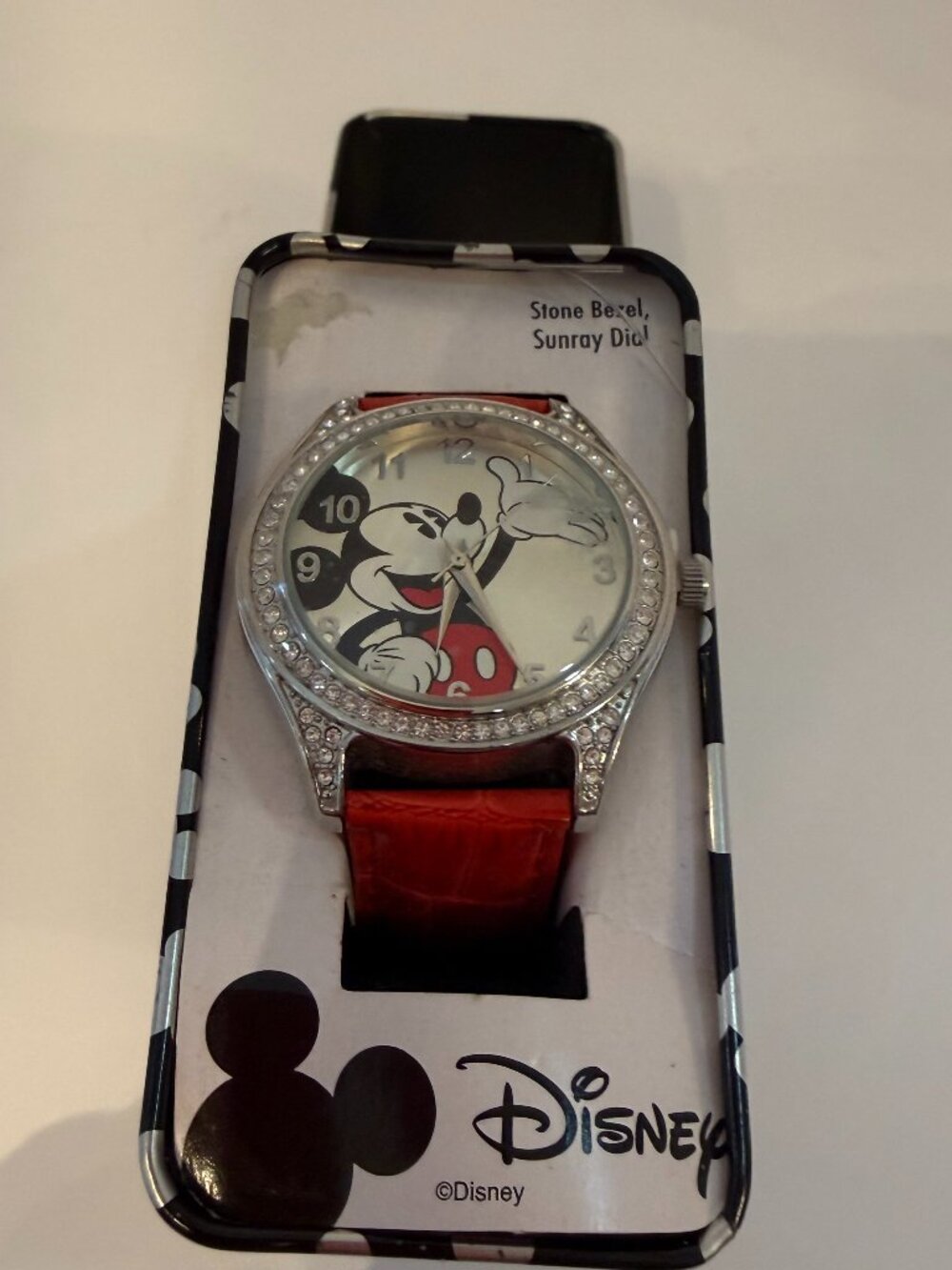 Disney Vintage MICKEY MOUSE Watch Crystal Studded Bezel Pink Band Metal Case NEW